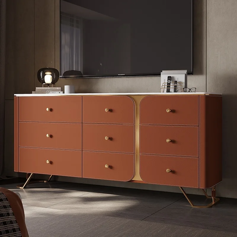 wood saddle leather modern simple living room dining side cabinet bedroom bedside locker rock slab drawer cabinet