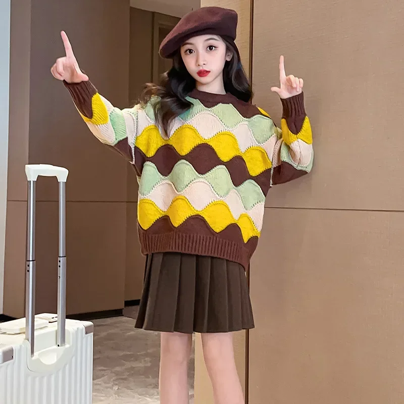 

Korean Autumn Winter Children Girl Sweater Teenager Girl Colorful Wave Pullover Junior Girl Thicken Warm Knitted Top