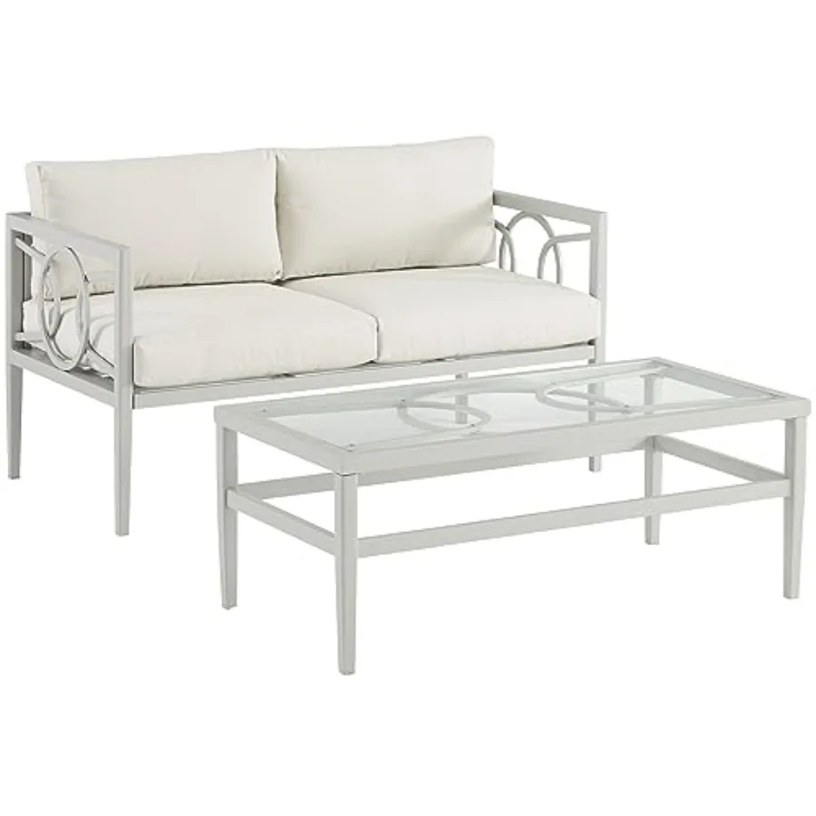 

2 Piece Outdoor Coffee Table and Loveseat Patio Furniture Set for Porch Deck Gray with Creme Cushions Dura