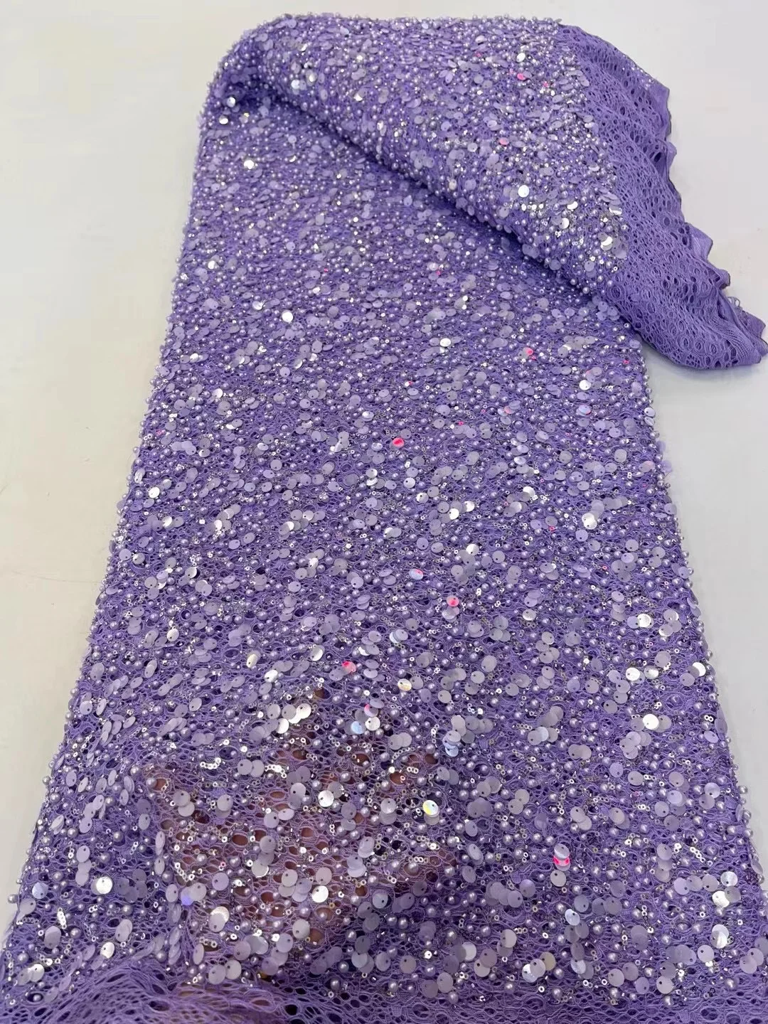 Peach Sequin Lace Fabric African Fabric Lace Wedding Dress 2025 Luxury Beaded Lace French Mesh Sequence for Party Dresses Sewing