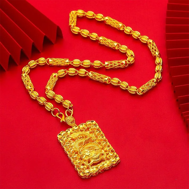 Luxury 24K 9999 Pure Gold real gold Men's Double Dragon Head Necklace Pendant Cloth Dragon Chain Guan Gong Pendant Necklace