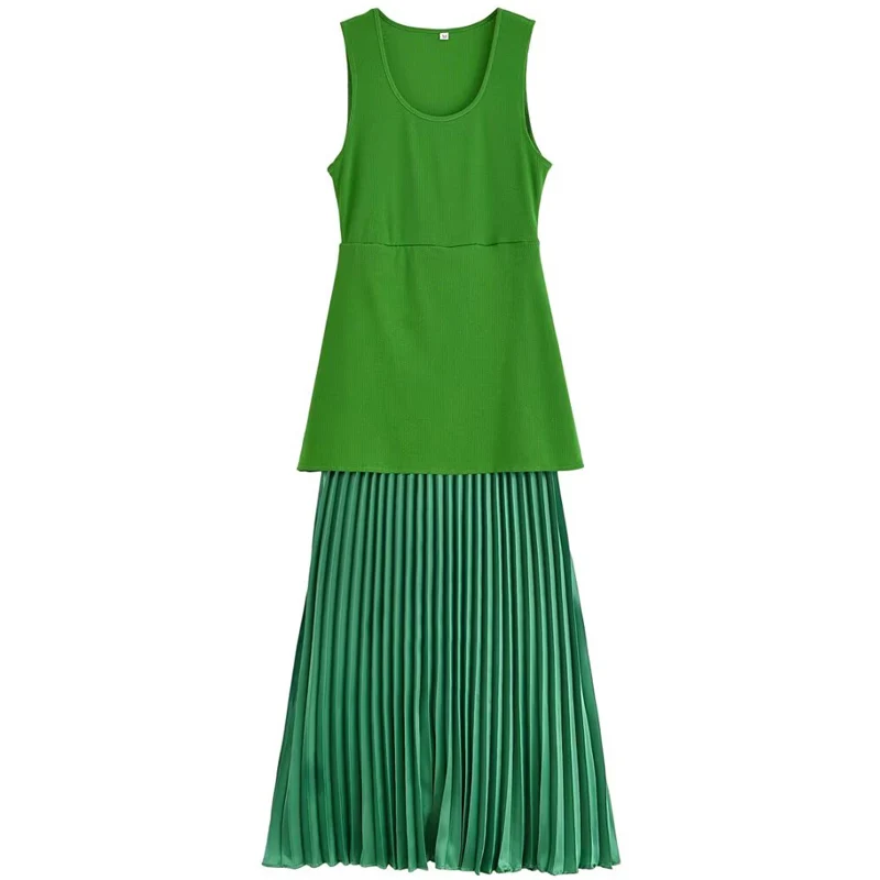 HXAO 그린 플리츠 드레스 여성용 드레스 여름 2025 우아한 니트 패치워크 롱 드레스 민소매 베스티도스 하이 스트리트 드레스