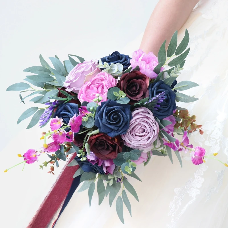 Wedding Bouquet for Butterfly  Blue Wine  Flowers with Branches Roses Real for Touch Hand Bouquet Bridesmaid Ho