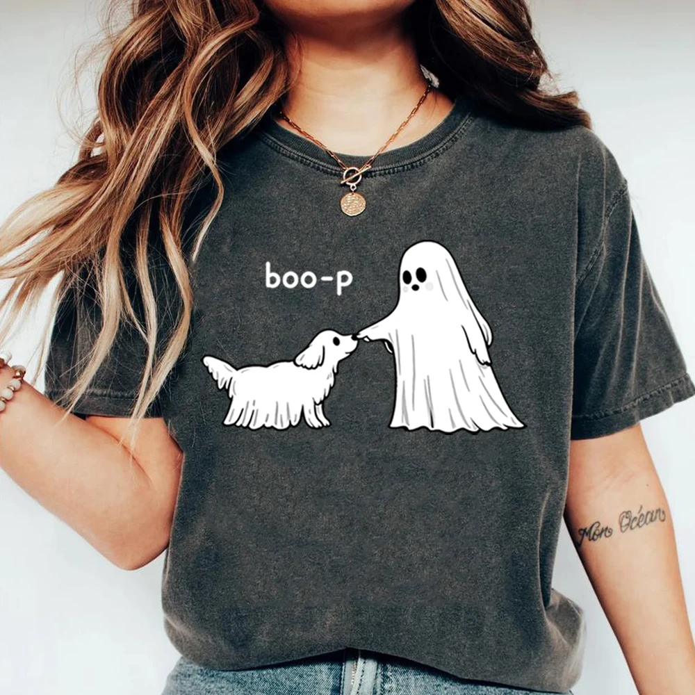 2026 Cute Ghost Dog Shirt Boo-P Halloween Crewneck Funny Dog Lover T-Shirt Spooky Season Dog Mom Tees Pet Owner Halloween Gift