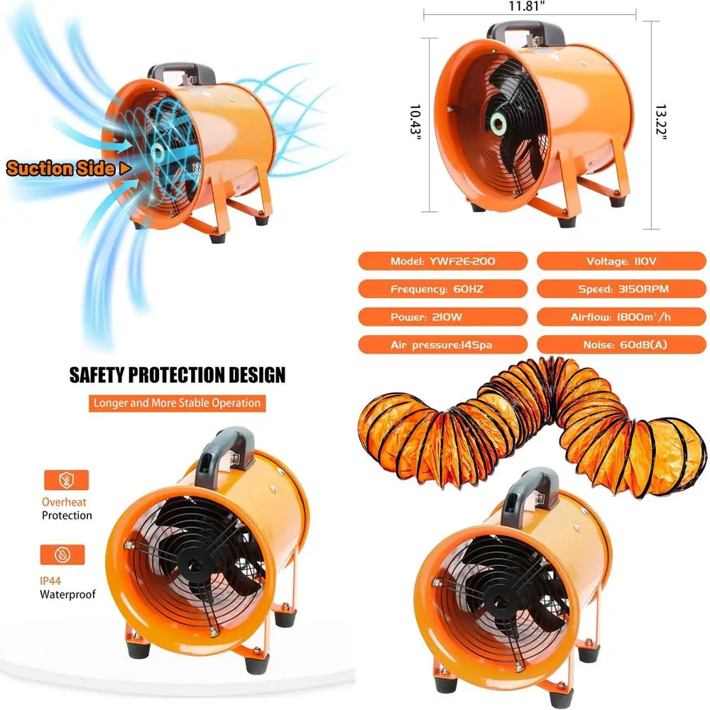 

Portable 8-Inch High-Velocity Utility Blower Fan with 16.4ft Duct Hose, 3150 RPM Low-Noise Ventilator for Various Spaces