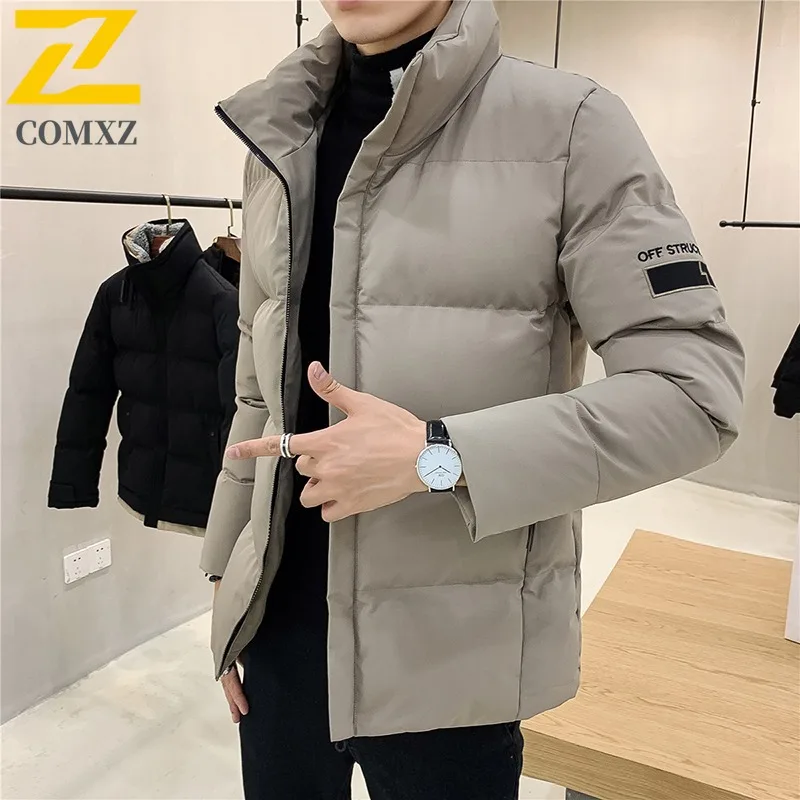 COMXZ Winter Fashion Stand Collar Cotton Jacket Solid Color Hooded Waterproof Windproof Outdoor Casual Warm Coat Men Streetwear