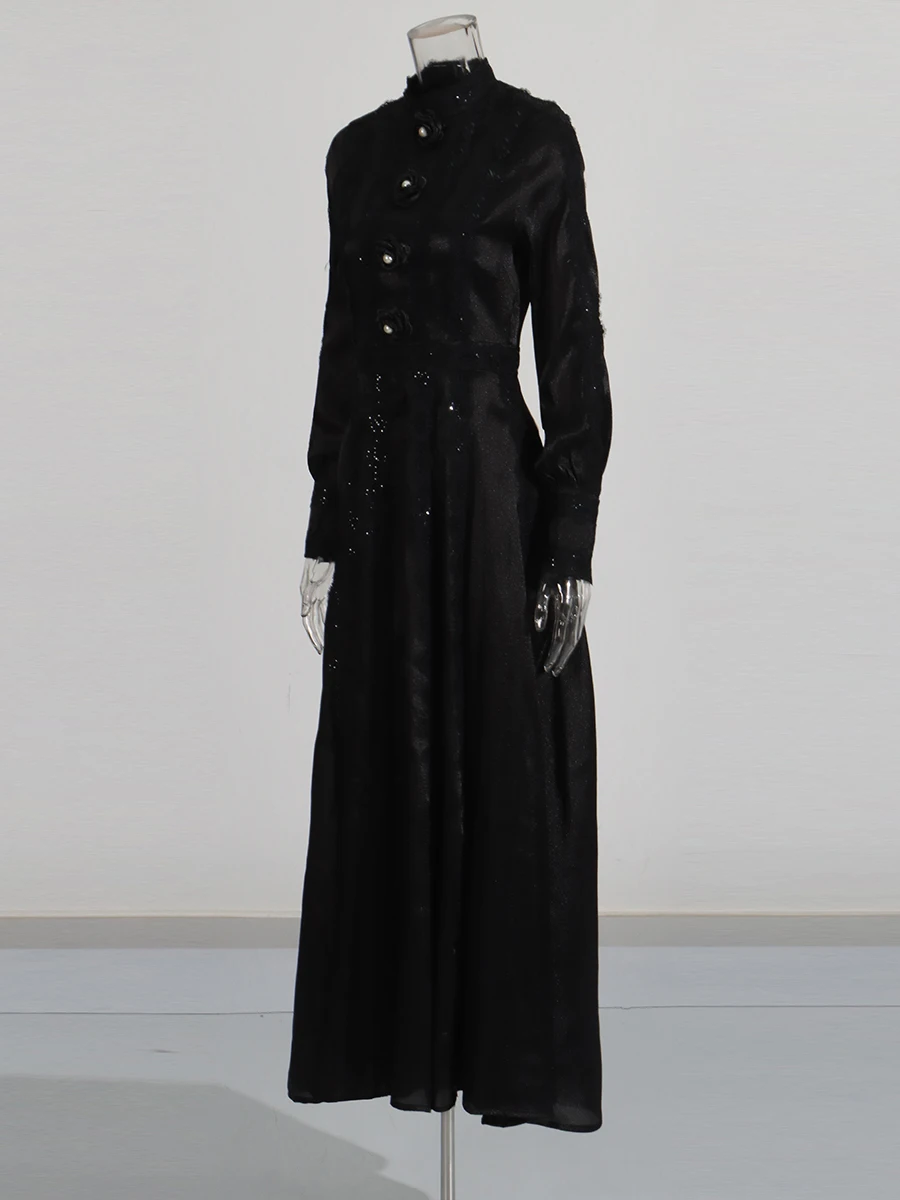 CHICEVER Spliced Floral SHEER Elegant ชุดผู้หญิงยืนคอโคมไฟแขนเอวสูงชุด Maxi กับเลื่อมหญิง