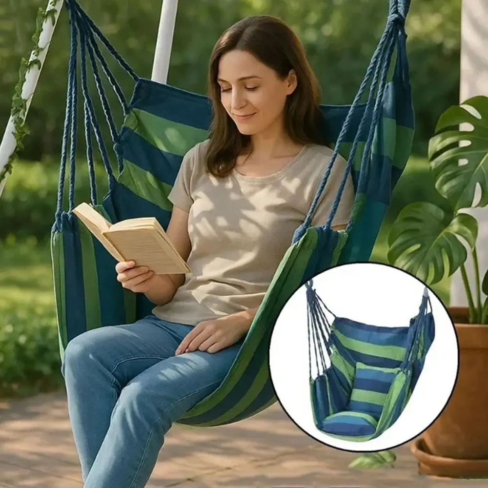 

Comfortable Dormitory Hammock Chair Thicken Canvas Garden Swing Chair Colorful Stripe Cotton Rope Outdoor Hanging Chair