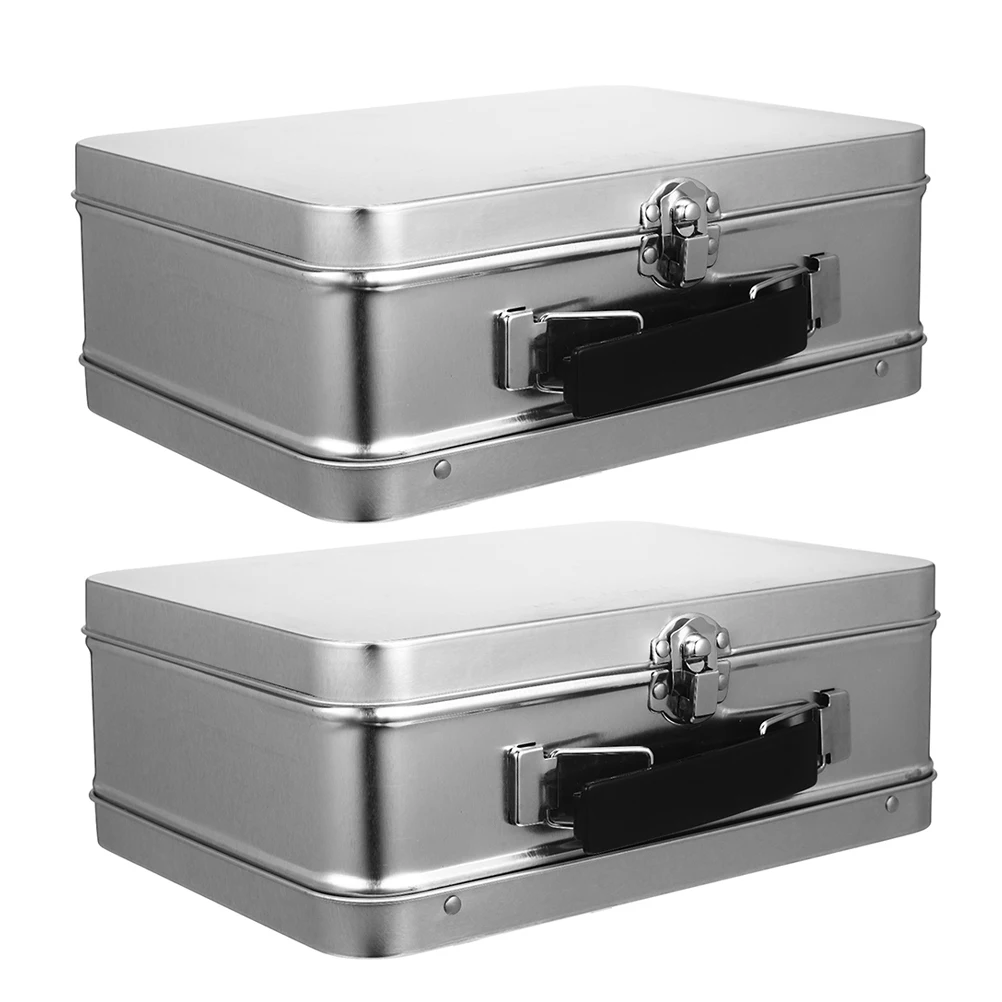 

2pcs Tinplate Box Locking Small Tins Storage Cases Jewelry Container Desk Organizer Metal Lock Box Keeps Accessories