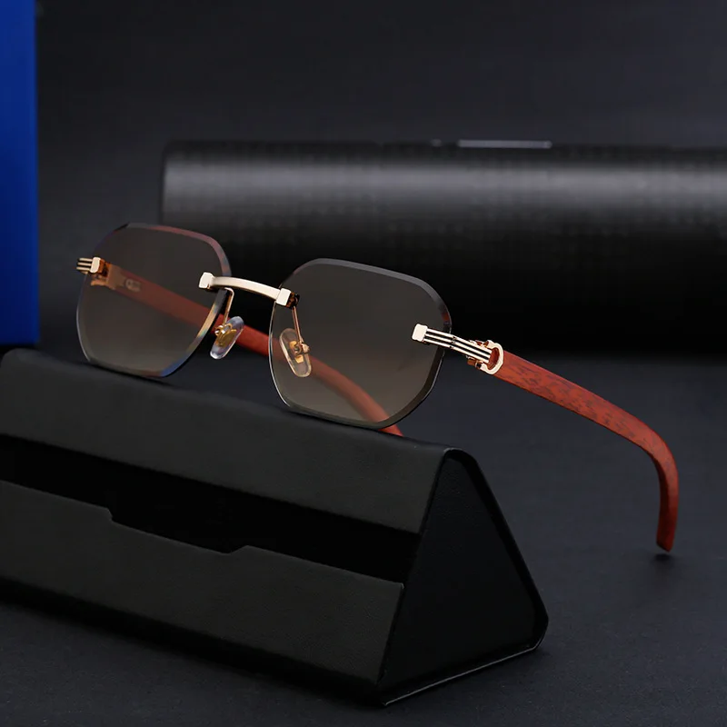 

ZX-3050 European and American Diamond Rimmed Rimless Sunglasses Men's Retro Faux Wood Glasses Leg Sunglasses Men