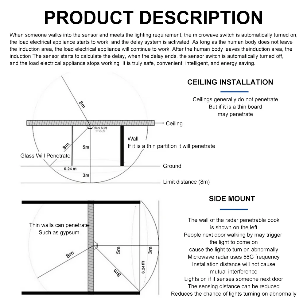 AC220-240V Sensor Switch 5.8G Microwave Radar Photosensitive 8S-12Min Delay 8m Sensing Distance Adjustable No Blind Area