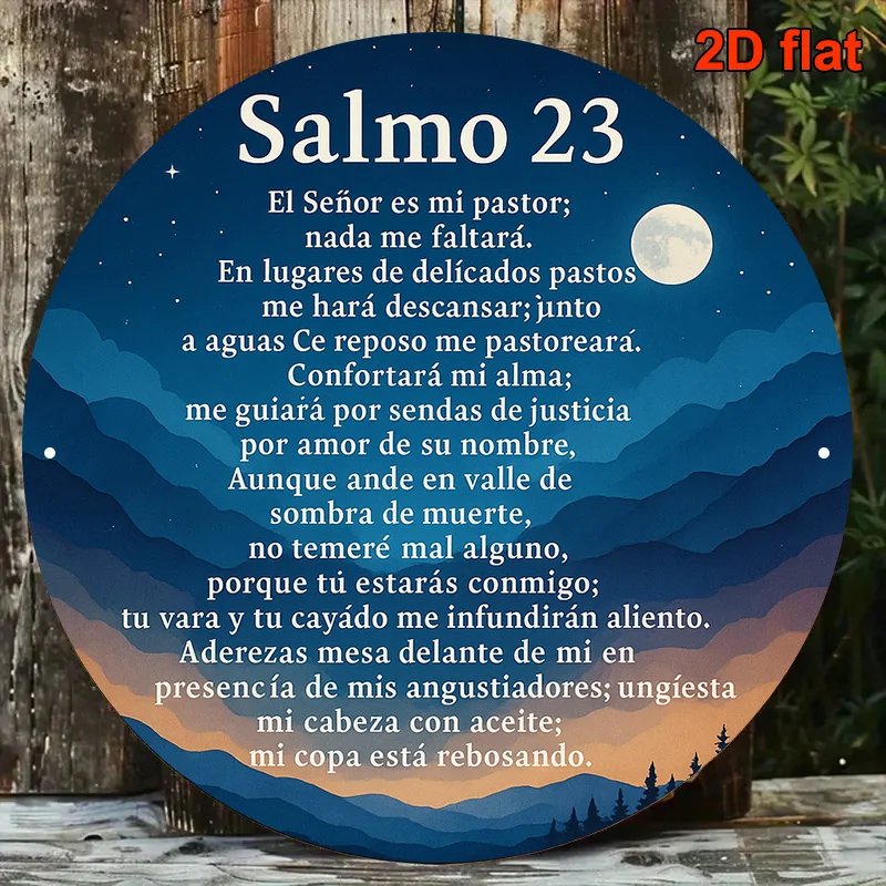2D Flat, 1pc Round Spanish Psalms 23 Bible Verse Metal Wall Art - Elegant Dark Blue & Golden Scripture Plaque with Spanish & Eng