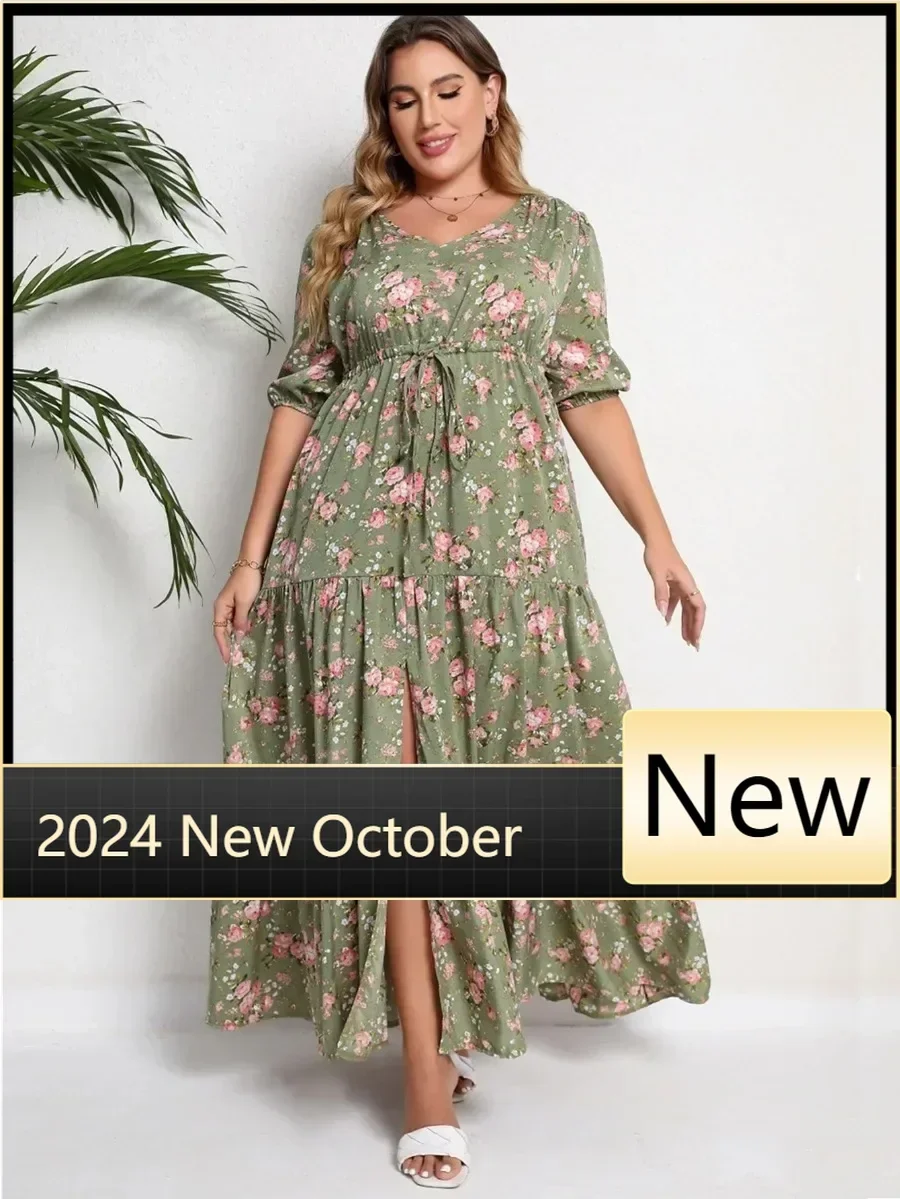 Plus Size Blumendruck, halbe Ärmel, geteilter Saum, Maxi-V-Ausschnitt, lange Kleider für Damen