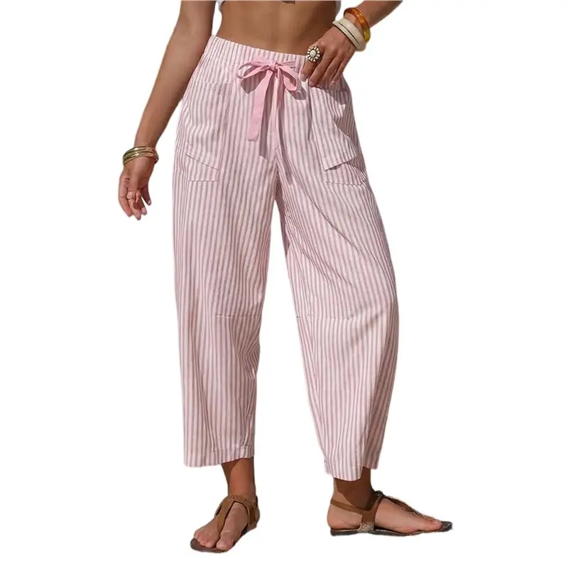 

CYL-Women's Faux Linen Striped Pants Drawstring Pant With Pockets Summer Beach Lounge Trousers
