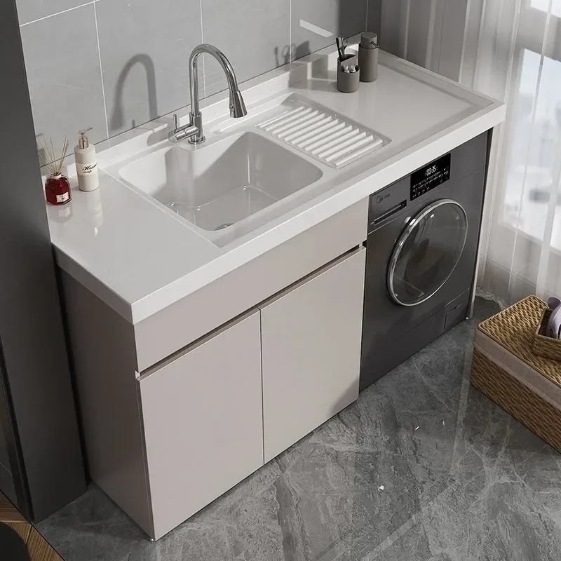 Honeycomb Aluminum Balcony Laundry Cabinet with Integrated Sink and Washboard for Drum Washing Machine Space Saving Storage
