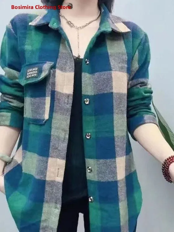 Thickened Plaid Long Sleeve Shirt Women Spring Autumn New Midlife Mom Loose Korean Style Outerwear Cotton Blend  Collar