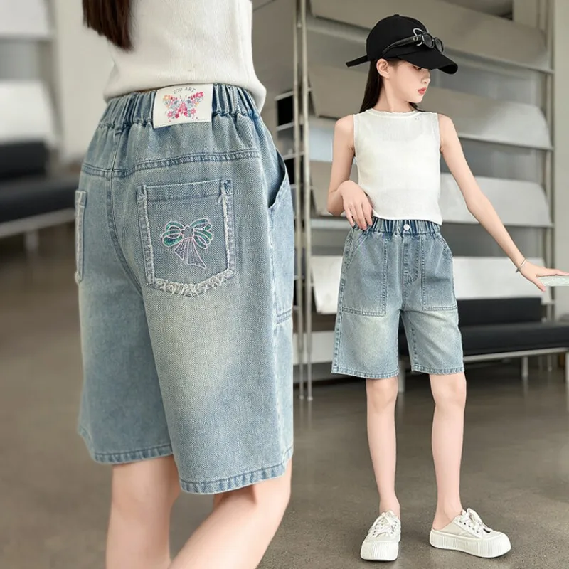 New 2025 Girls Summer Casual Thin Denim Shorts Trousers Children Fashion Bowknot Embroidery Jeans Clothing for 5-12 Years