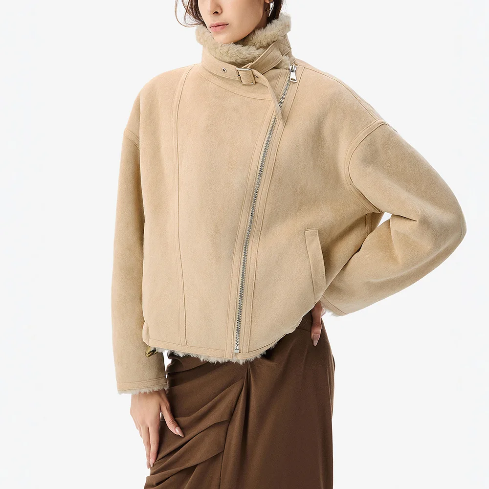 2025 Winter New Arrival Women's Luxury Faux Fur Collar Fleece Lined Warm Faux Shearling Faux Suede Jacket