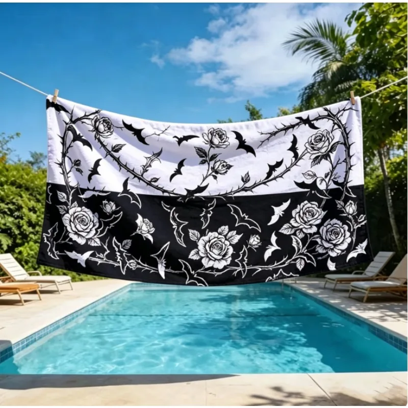 Oversized Microfiber Beach Towel, Black & White Bat Print, Quick Dry Sand Free for Summer