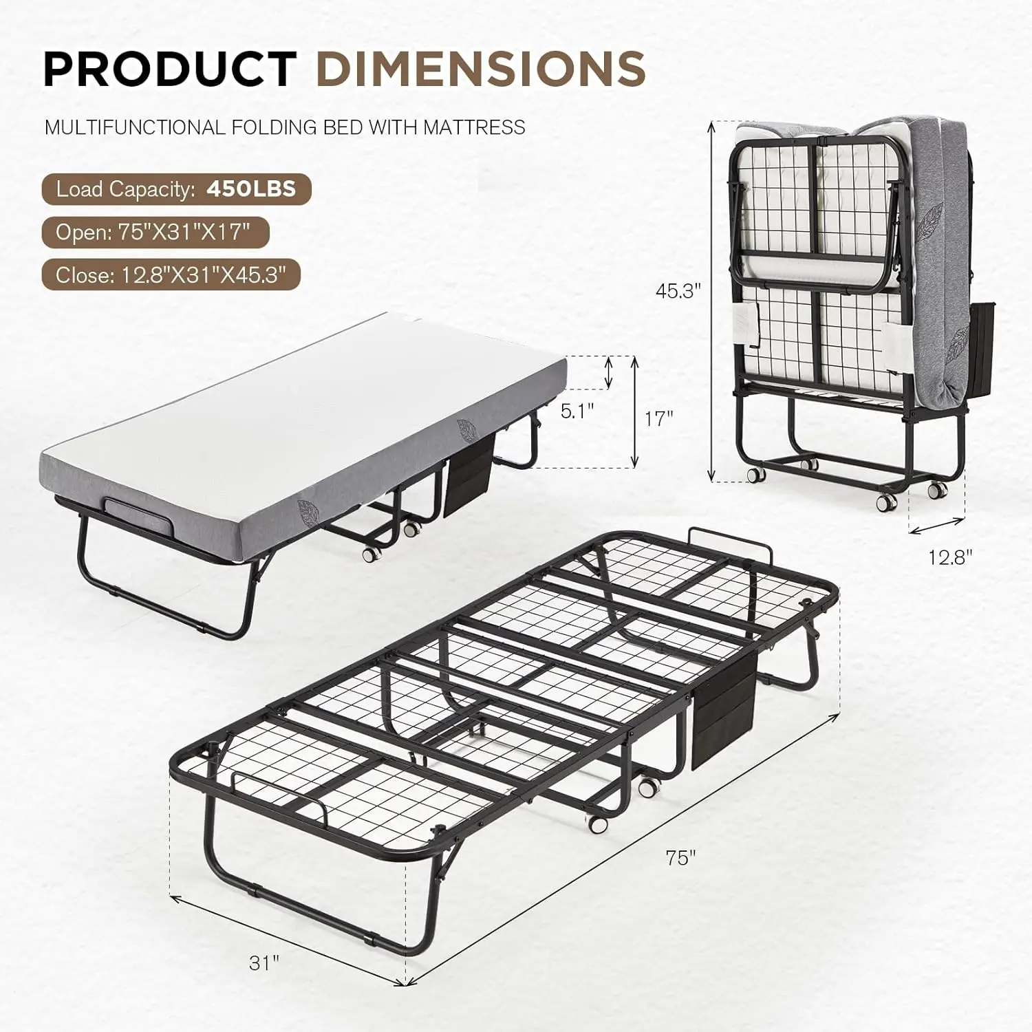 Folding Bed with Mattress,Portable Rollaway Guest Bed for Adults with 5 Inch Foam Mattress,Single Cot Size Foldable Bed