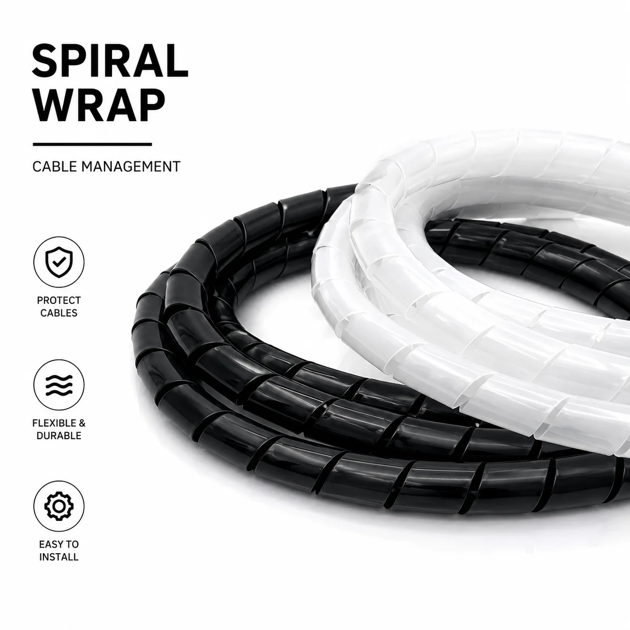 Black/white Flame-retardant PE Spiral Cable Conduit with Inner Diameter of 4-30mm, Wear-resistant Desktop Wiring Harness Sorting