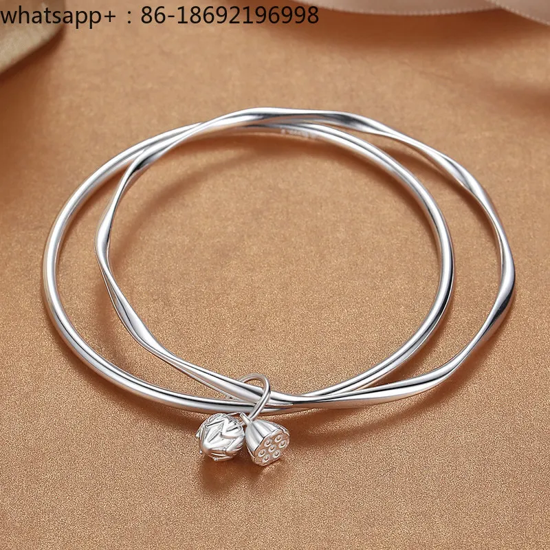 Double Ring Two Worlds Silver Bracelet 9999 Sterling Silver Women's Closed Solid Mobius Pendant Foot Silver Bracelet