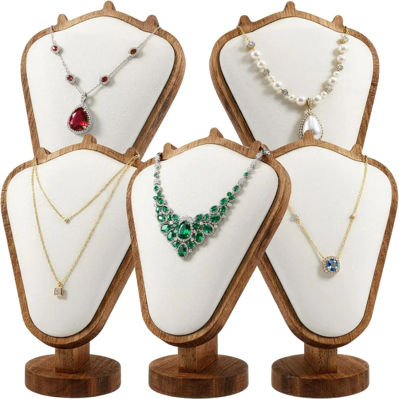 Walnut Color Body Wood Necklace Display Stand with Green Flannelette Soft Mat Necklace Holder Organizer Desktop Stand for Home