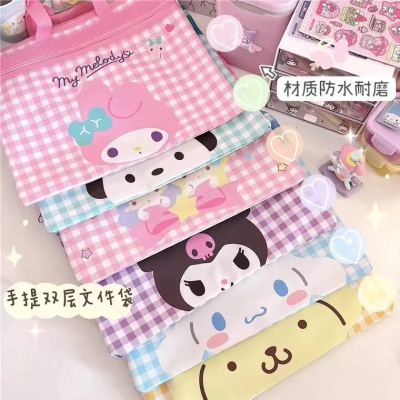 

Cartoon Sanrio Double Layer A4 Leather Hello Kitty My Melody Cinnamoroll Kuromi Folder Kawaii Double Layer Zipper Storage Bag