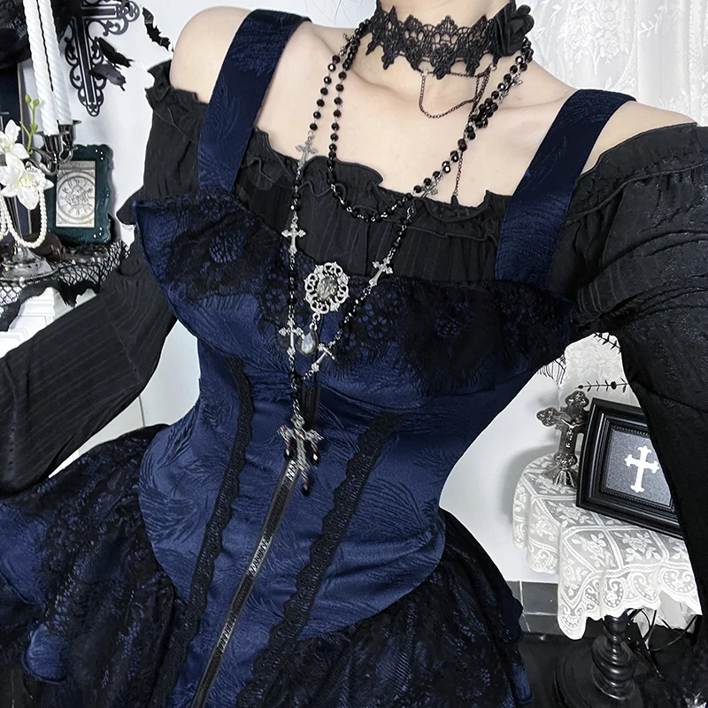 Goth Jacquard Lace Trim Square Collar Zipper Corset Strap Short Dress New Fashion Lolita Slim Mini Dresses for Women Autumn