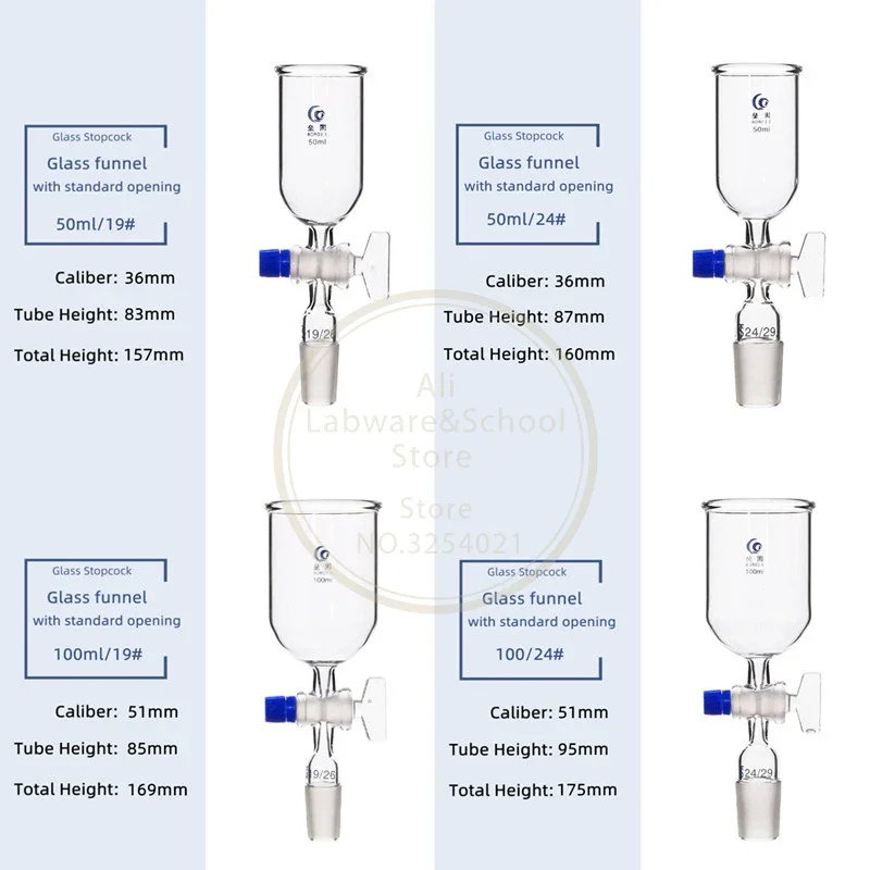 1Pcs Clear 50ml To 1000ml Glass Cylindrical Feed Funnel with Glass Piston 19#24# Frosted Standard Joint for Lab Teaching Tools