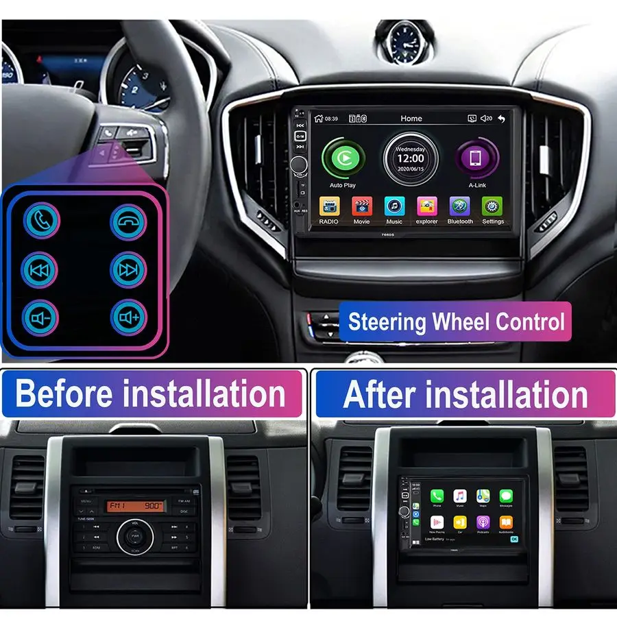 راديو ستيريو للسيارة Din متوافق مع Apple Carplay وAndroid Auto، شاشة لمس عالية الدقة مقاس 7 بوصات مع تحكم صوتي، وصلة مرآة، Backu