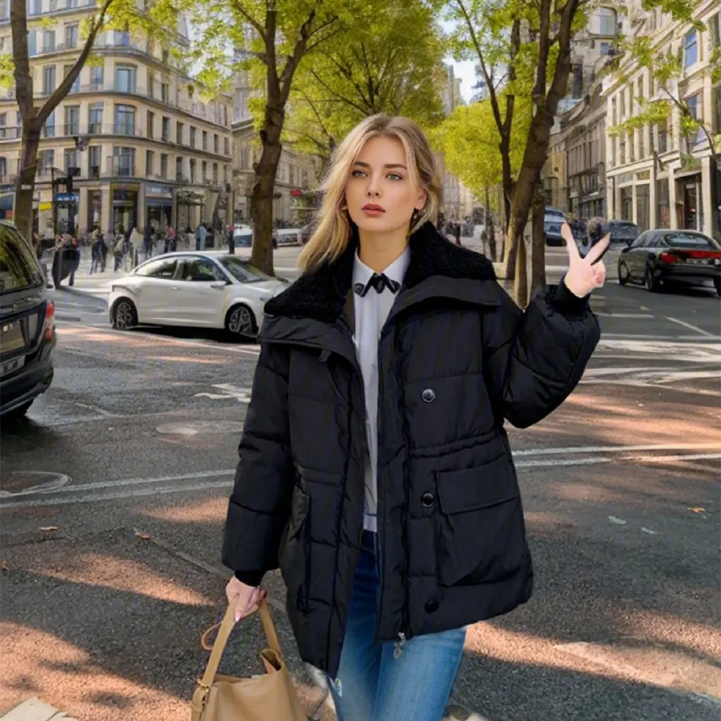 Dames Koreaanse stijl verdikte katoenen gewatteerde jas groen vier seizoenen losse katoenen broodjas voor studenten winter bovenkleding