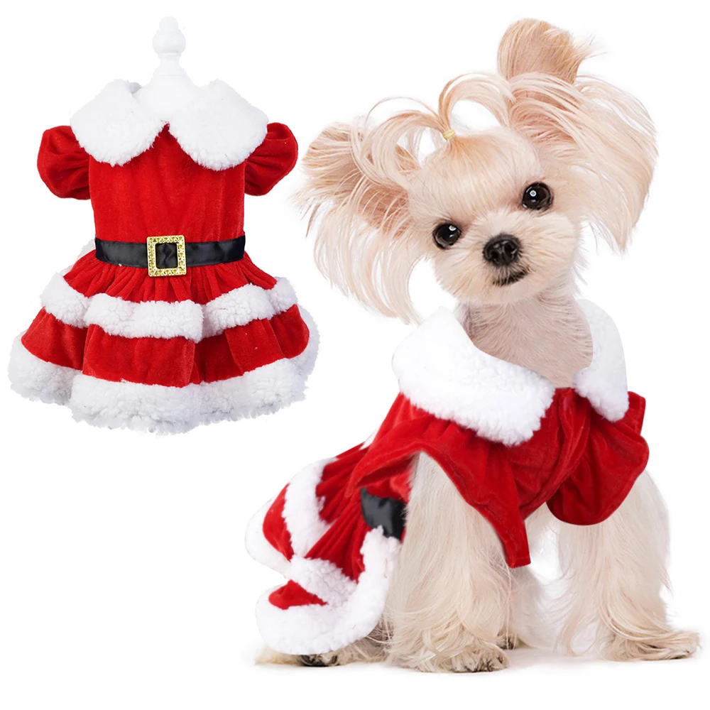 Christmas Dresses for Small Dogs Cats Fall Winter New Year Classic Red Belt Xmas Dog Clothes Puppy Outfit Chihuahua Yorkie Skirt