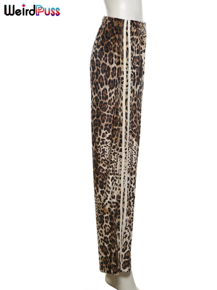 Strano Puss Wild Leopard Print pantaloni dritti donna autunno Stripe Stretch Skinny Casual Trend Nightout Streetwear pantaloni Bottom