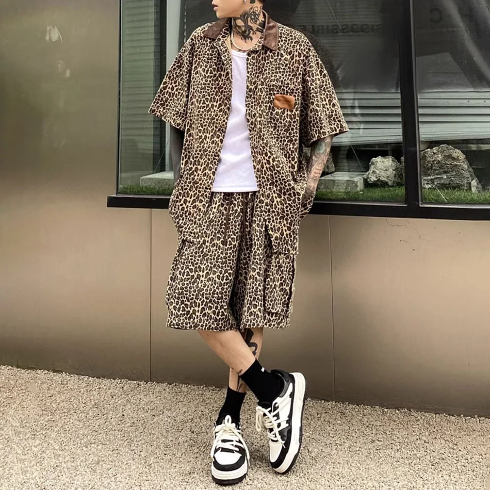 Mens Y2k Two-Piece Suit 2024 Summer New American Street Retro Leopard Print Casual Short-Sleeved Cardigan Shorts Two-Piece Suit