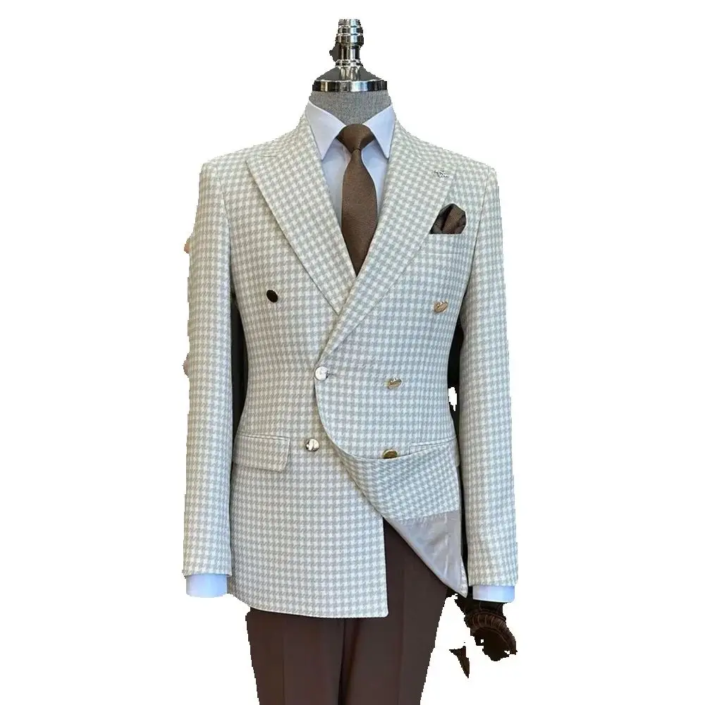 Mode Notched Revers Plaid Pakken Mannen Twee Stukken Double Breasted Blazer Bruine Broek Formele Party Tuxedos - afbeelding 2