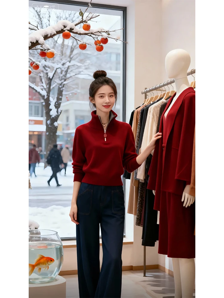 

Мягкий уютный красный вязаный свитер с высоким воротником на молнии, женский свободный утягивающий свитер большого размера, теплый ленивый топ на осень и зиму