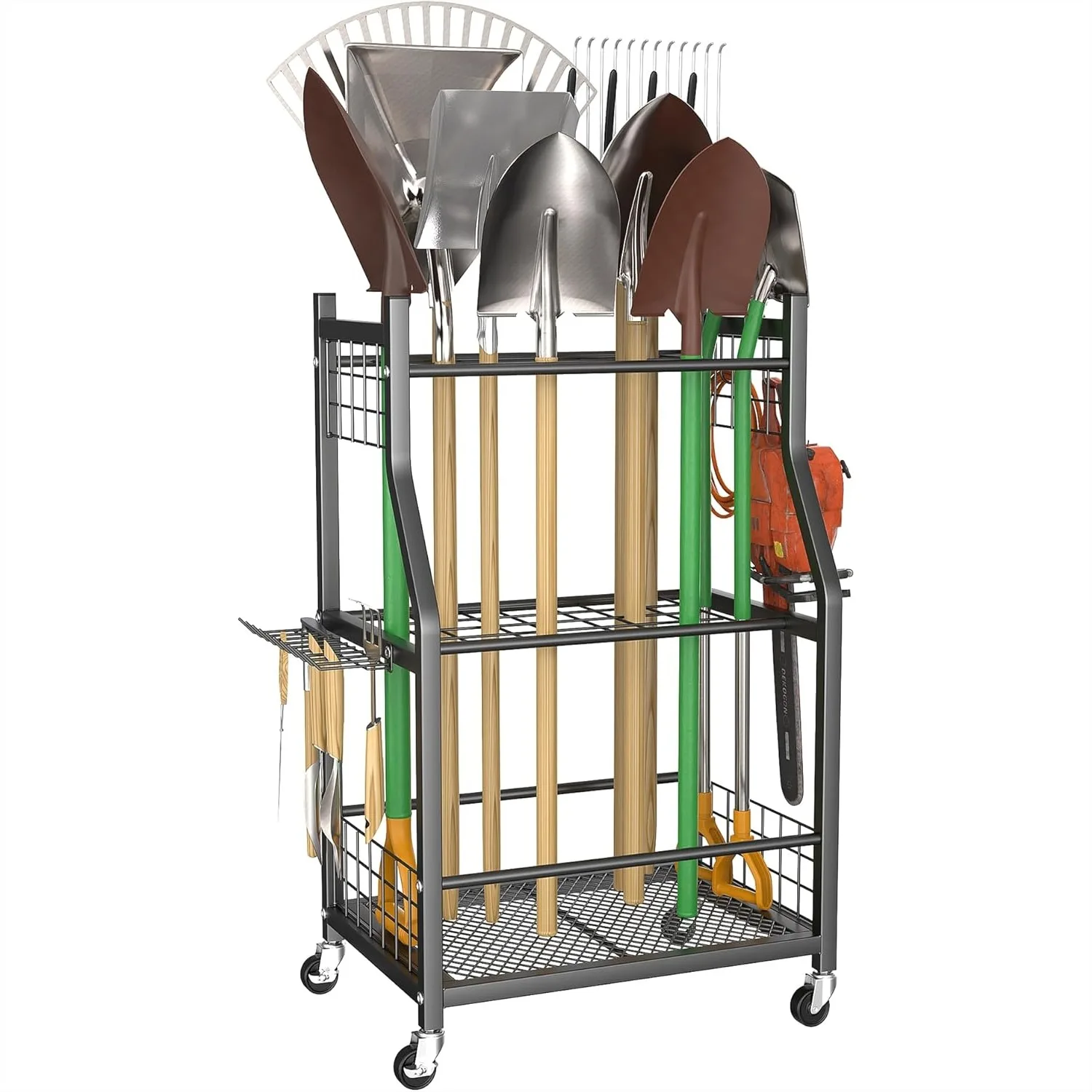 

Garden Tool Organizer with Wheels for Garage, Rakes/Shovels/Yard Tools Storage Stand, Rolling Cart for Shed Indoor Outdoor