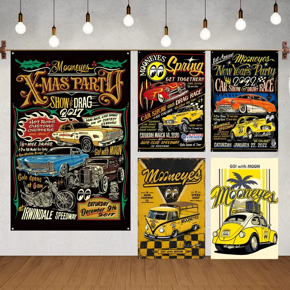 Brand Automobile Mooneyes Flags for indoor decoration with no edging and four corner rings for easy hanging