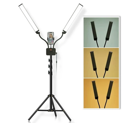 Luz de relleno LED de doble brazo para estudio fotográfico, lámpara de anillo LED de tiras largas con trípode, pantalla LCD de 3200-5600K, iluminación fotográfica para Selfie