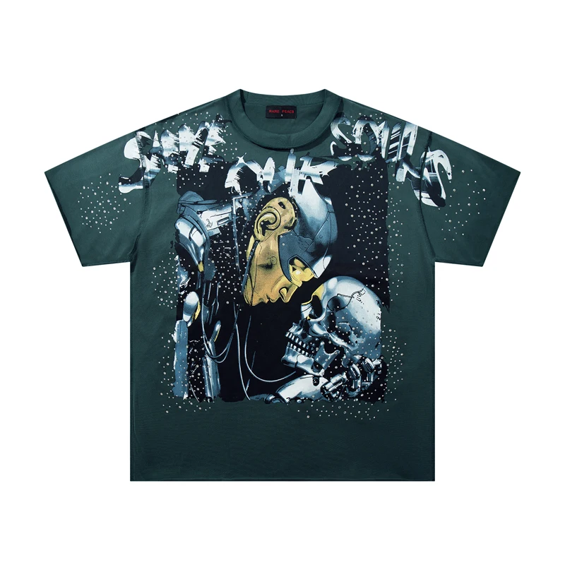 American Hip-hop Trend Rare Peace T-shirt High Quality Men's Women's Rhinestone Pattern Printed Short Sleeve Tee