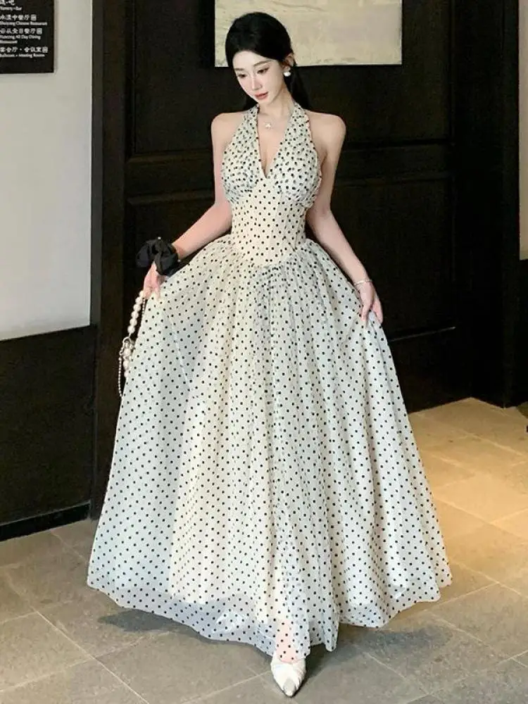 

Summer Vintage Beige Dot Sexy Sleeveless V Neck Halter Pleated Long Dress Women Elegant High Waist Backless Party Evening Dress