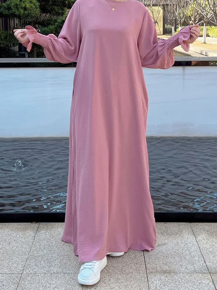 Plain Abaya Floral Cuff Islamic Clothing Ramadan Muslim Women Long Dress Hijab Robe Inner Dresses Dubai Turkey Modest Kaftan Eid