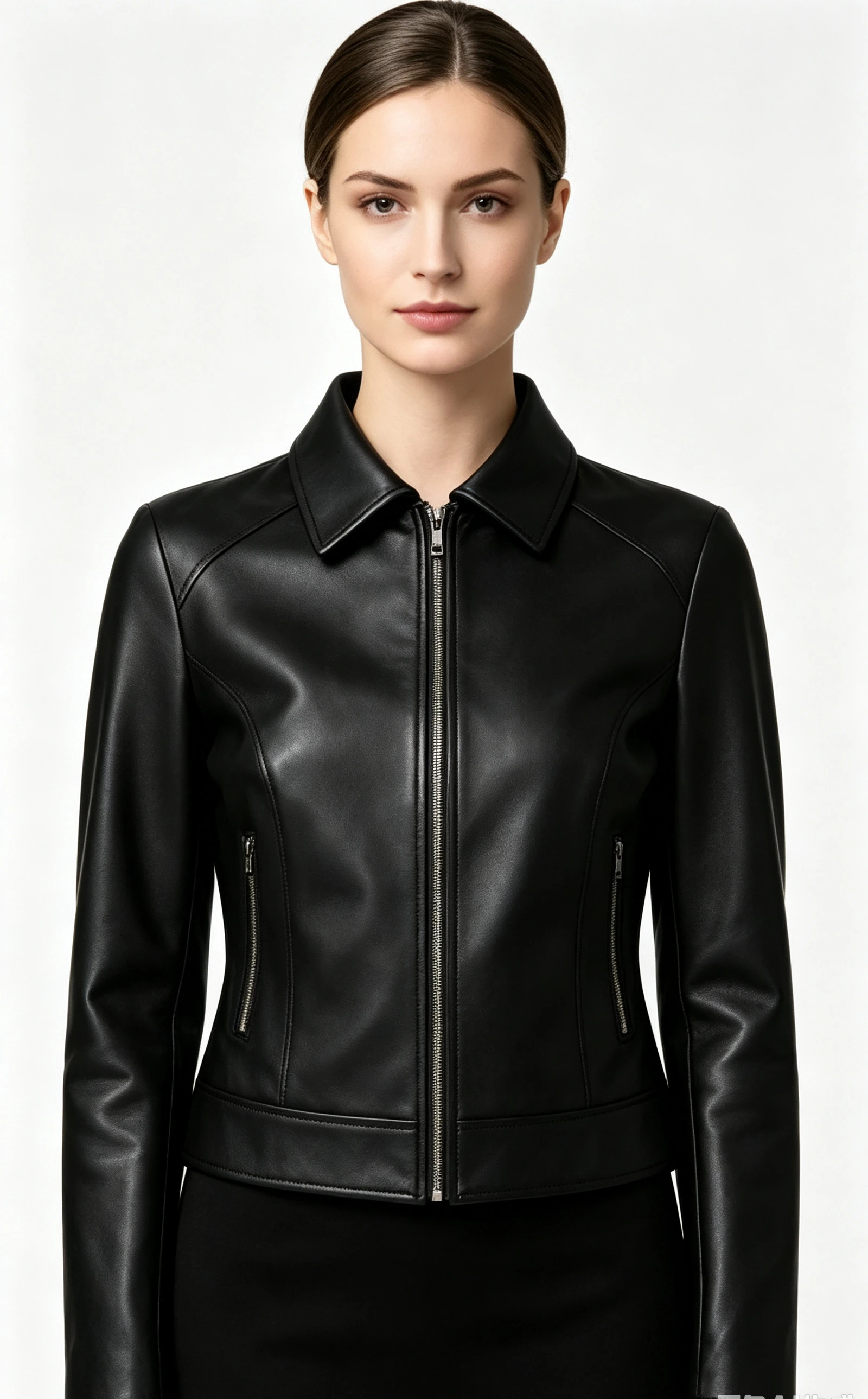 Women's Slim Fit Faux Leather Jacket with Classic Collar and Zip Front