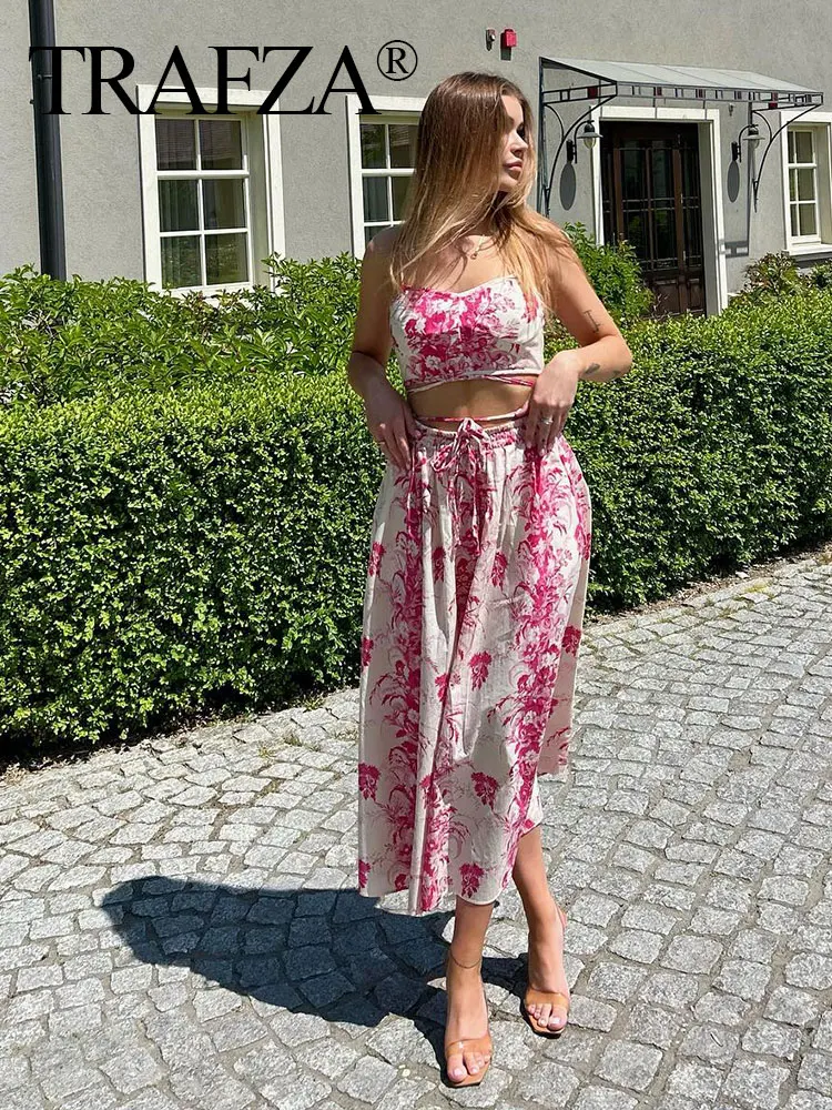 TRAFZA Women New Fashion Summer Suits Pink Sleeveless Backless Crop Top+Printed Drawstring A-Line Skirt Female Bohemian Sets