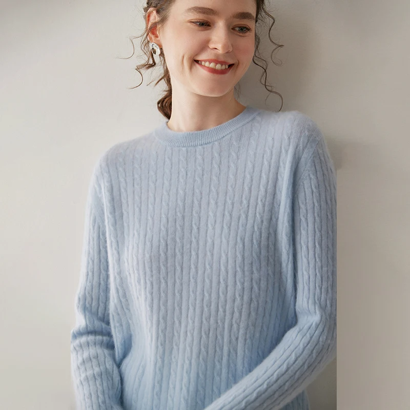 

Autumn/Winter Women's 100% Cashmere Pullover Casual Solid Fried Dough Twists Knitted Sweater Loose Round Neck Tops Warm Jumper