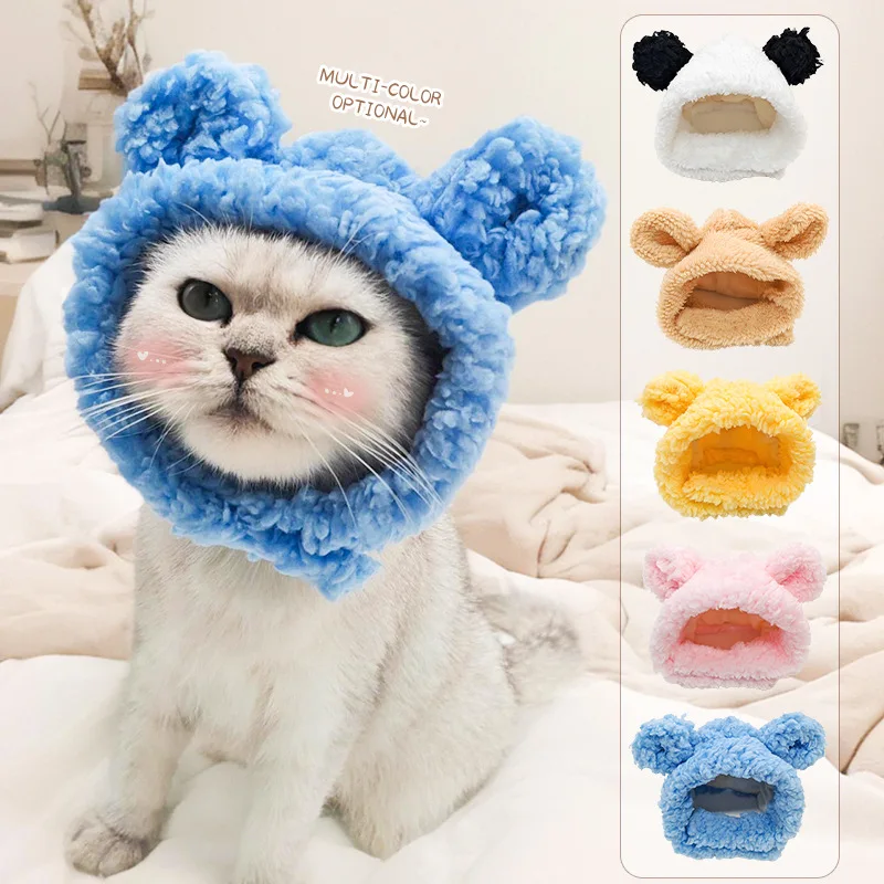 Funny Cat Cap Bear Plush Head Cover Cute Cat Dog Woven Warm Headdress Pet Hat Kitten Puppy Cosplay Costume Accessories