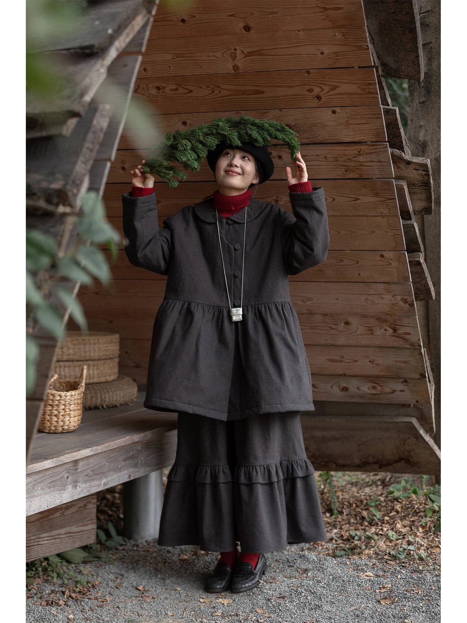 

Heavyweight Set! Plaid Doll Collar Cotton Jaet Double Layer Ruffle A-Line Skirt Faionable Commute Loose Fit Long Sve