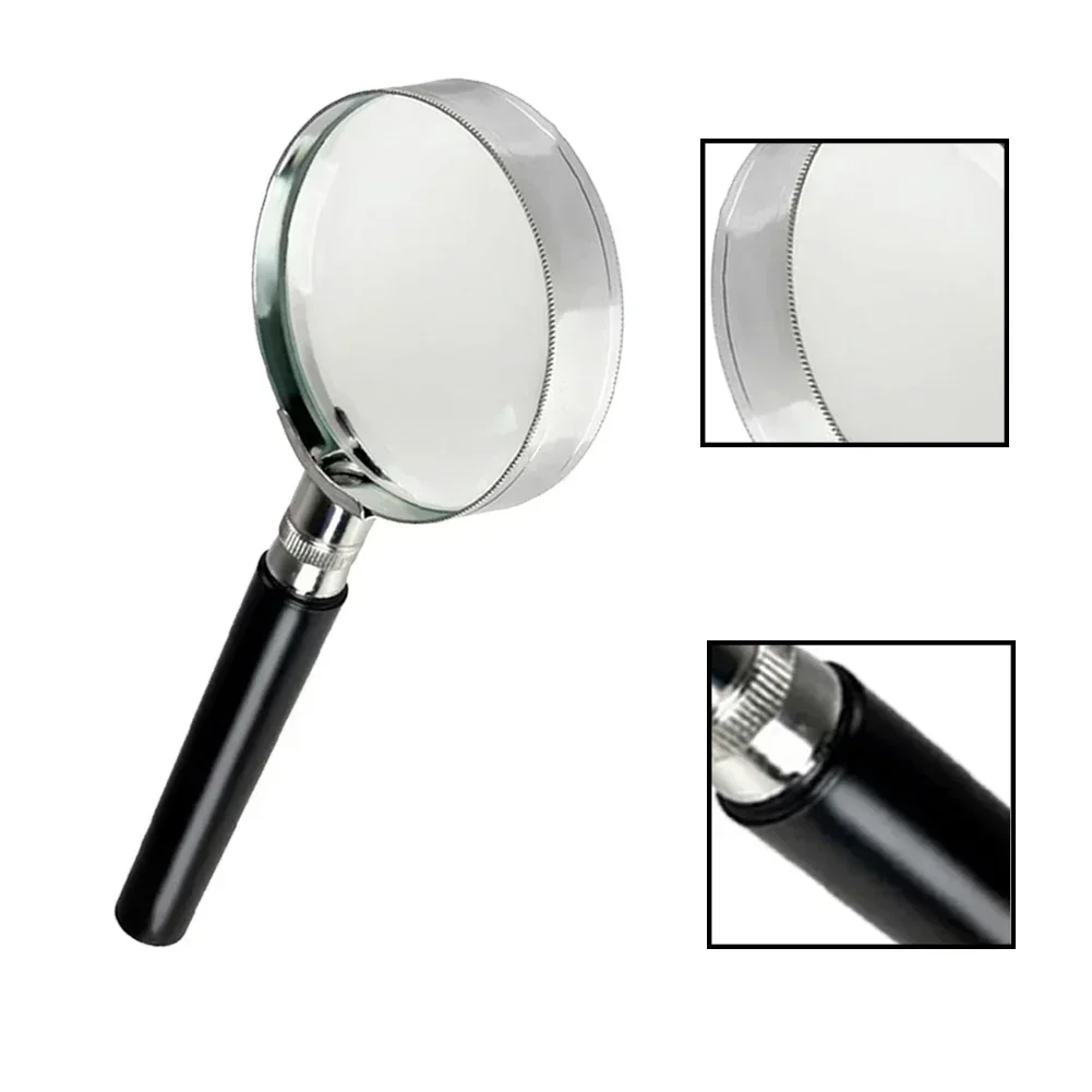 5X Magnification Handheld Magnifier 75/90/100mm Magnifying Glass Handle Semi-metallic Stainless Steel Magnifier