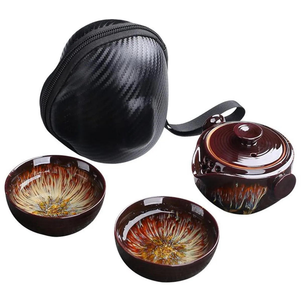 Portable Kiln Change Travel Tea Set, Teaware Porcelain with 1 Pot and 2 Cups for Outdoor Use